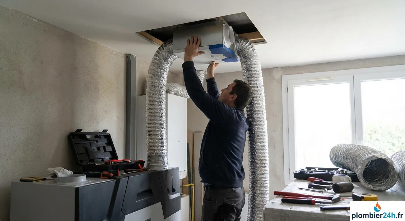 Installation manuelle pose échangeur VMC double flux dans combles