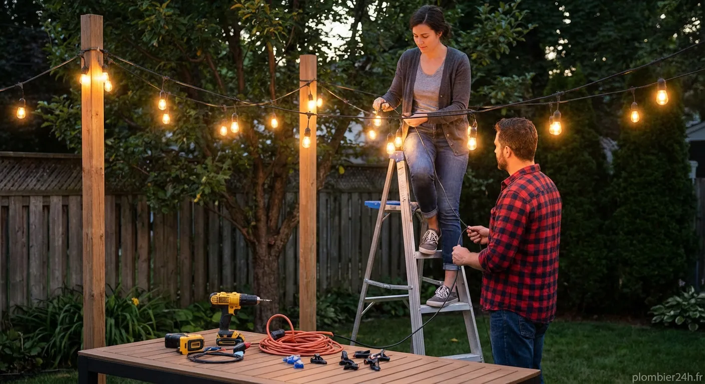 Installation professionnelle d'une guirlande lumineuse sur pergola