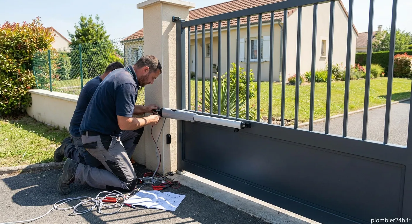 Technicien effectuant une installation portail motorisé sur une entrée résidentielle