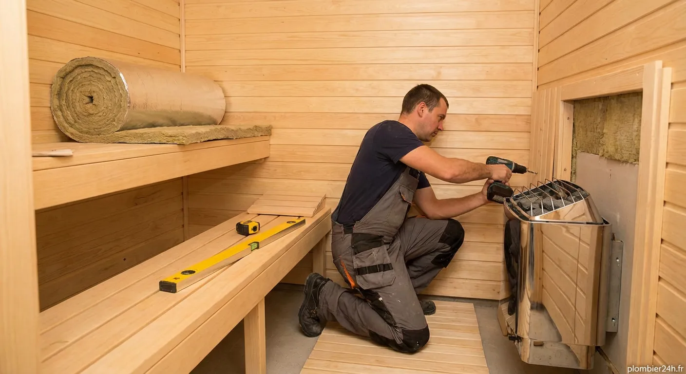 Installation sauna finlandais traditionnel en bois avec poêle électrique