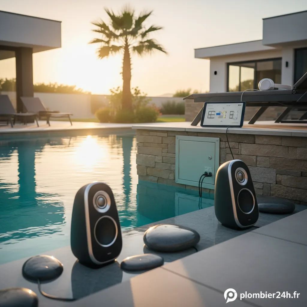 Haut-parleurs étanches design installés au bord d'une piscine moderne