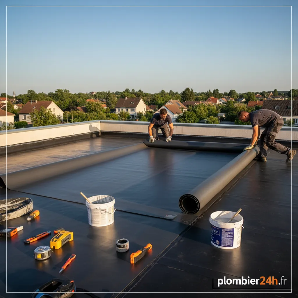 Pose d'une bâche EPDM sur une toiture plate par un professionnel.