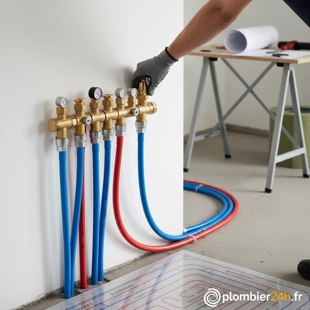 Pose d'un collecteur pour plancher chauffant par un plombier
