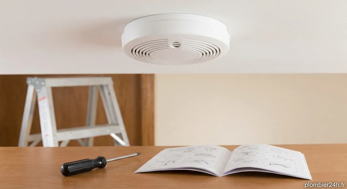 Homme réalisant la pose détecteur fumée sur un plafond blanc