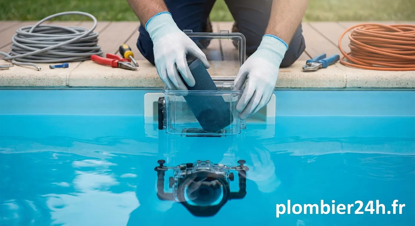 Technicien effectuant la pose haut-parleur immergé dans une piscine carrelée
