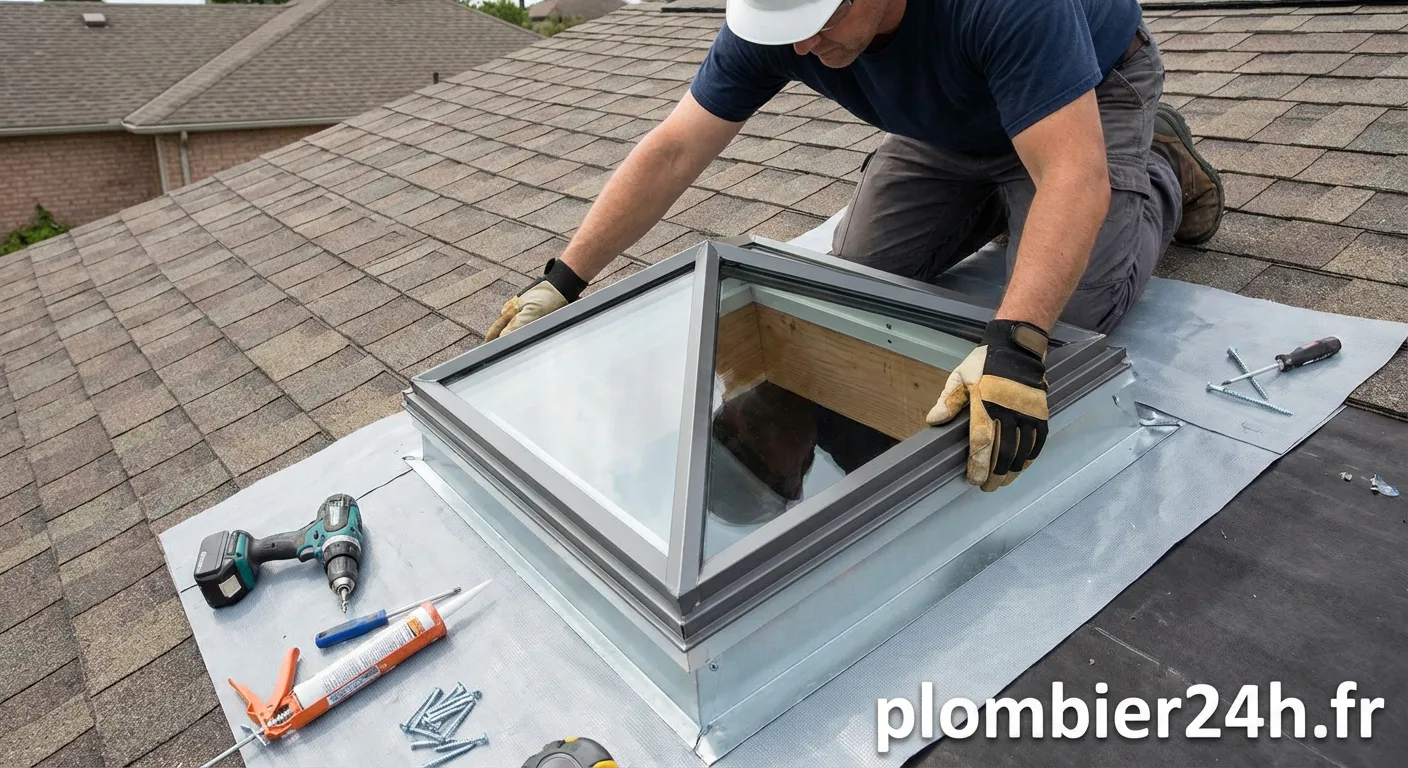 Ouvrier effectuant la pose lanterneau ventilation sur un toit plat