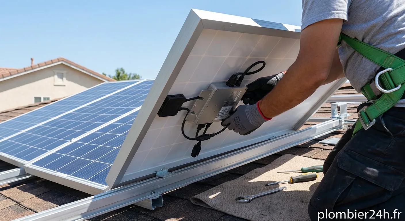 Technicien effectuant la pose micro-onduleur sous un panneau solaire