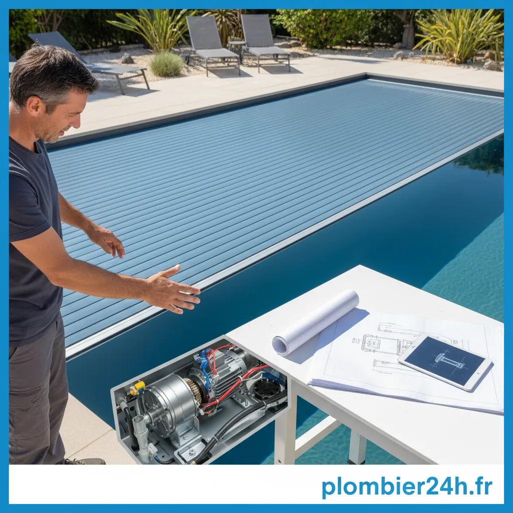 Pose d'un moteur de couverture de piscine par un professionnel.