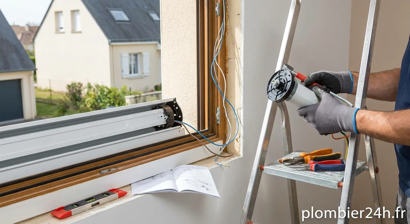 Technicien installant un moteur sur un coffre de volet roulant