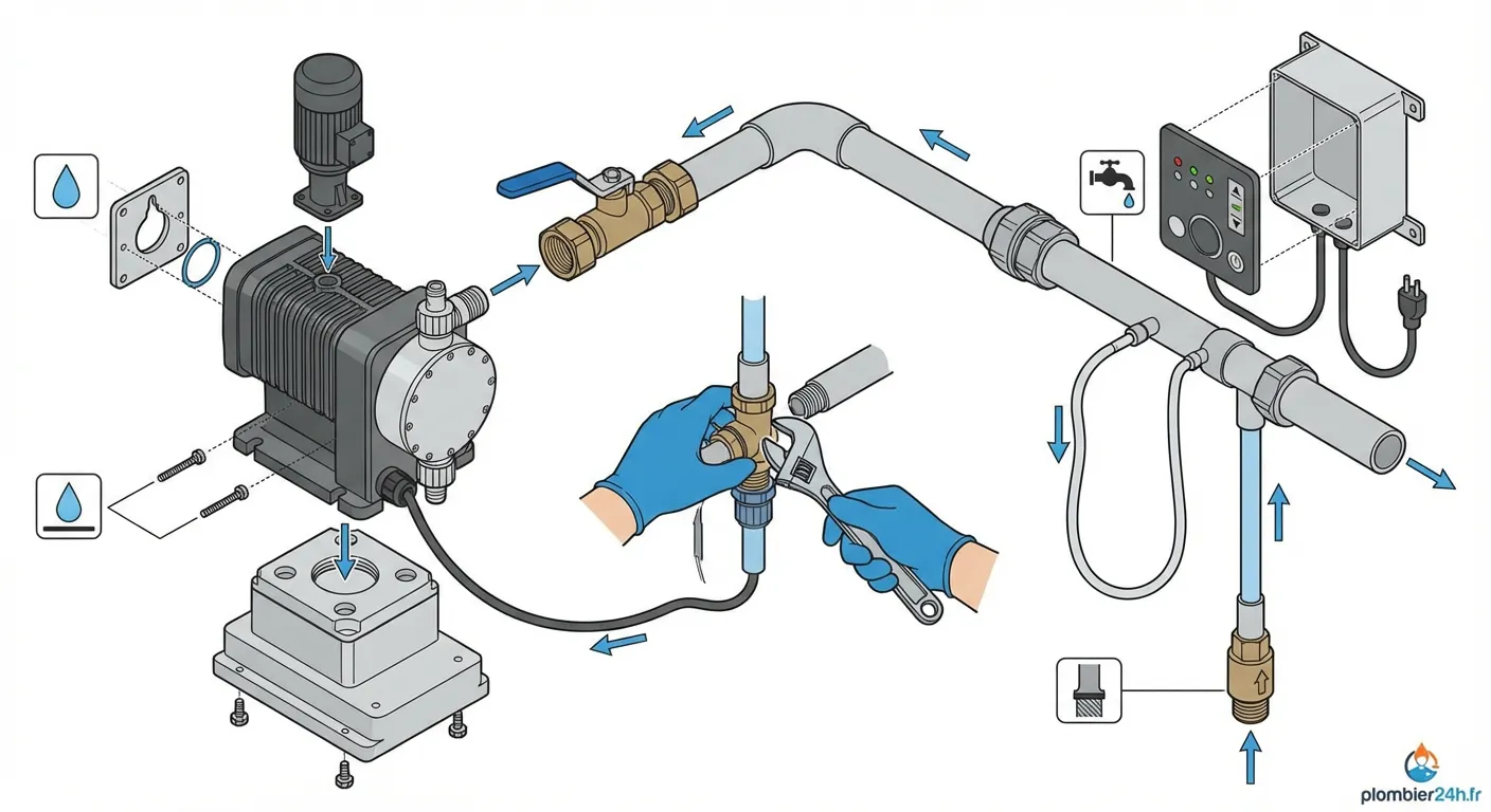 Technicien effectuant la pose pompe doseuse sur une tuyauterie PVC