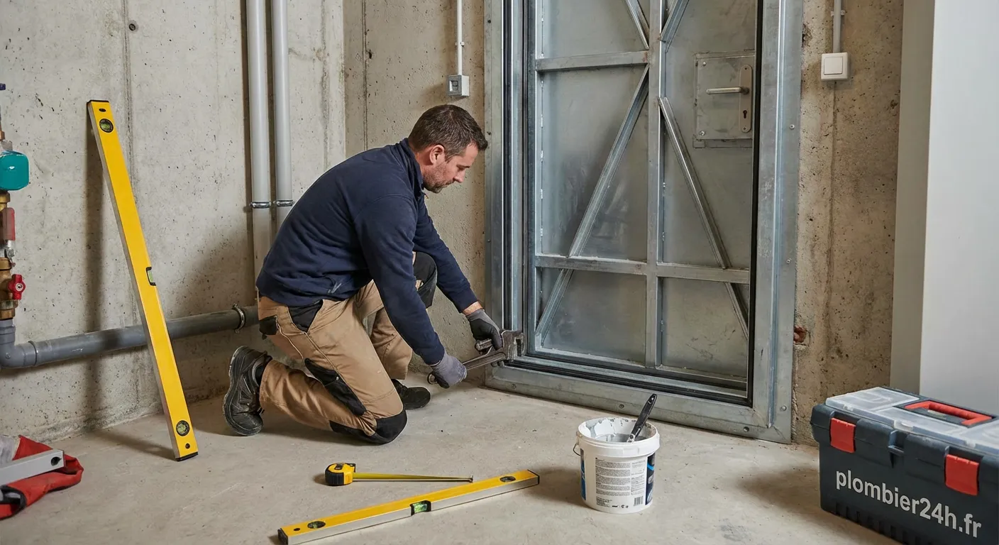 Technicien réalisant une pose porte étanche dans une salle de bain moderne