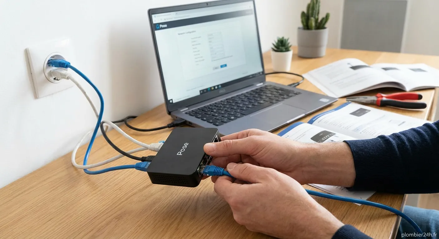 Technicien installant un switch ethernet dans un bureau moderne