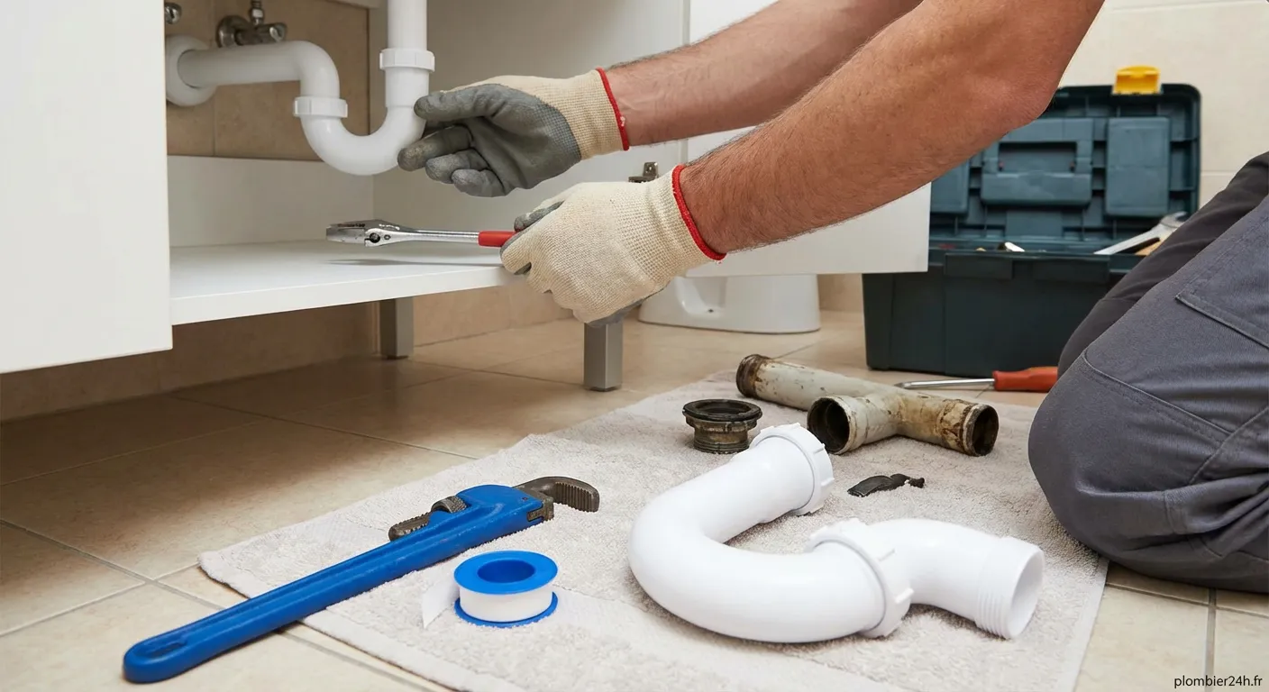 Remplacement d'un siphon de lavabo en cours