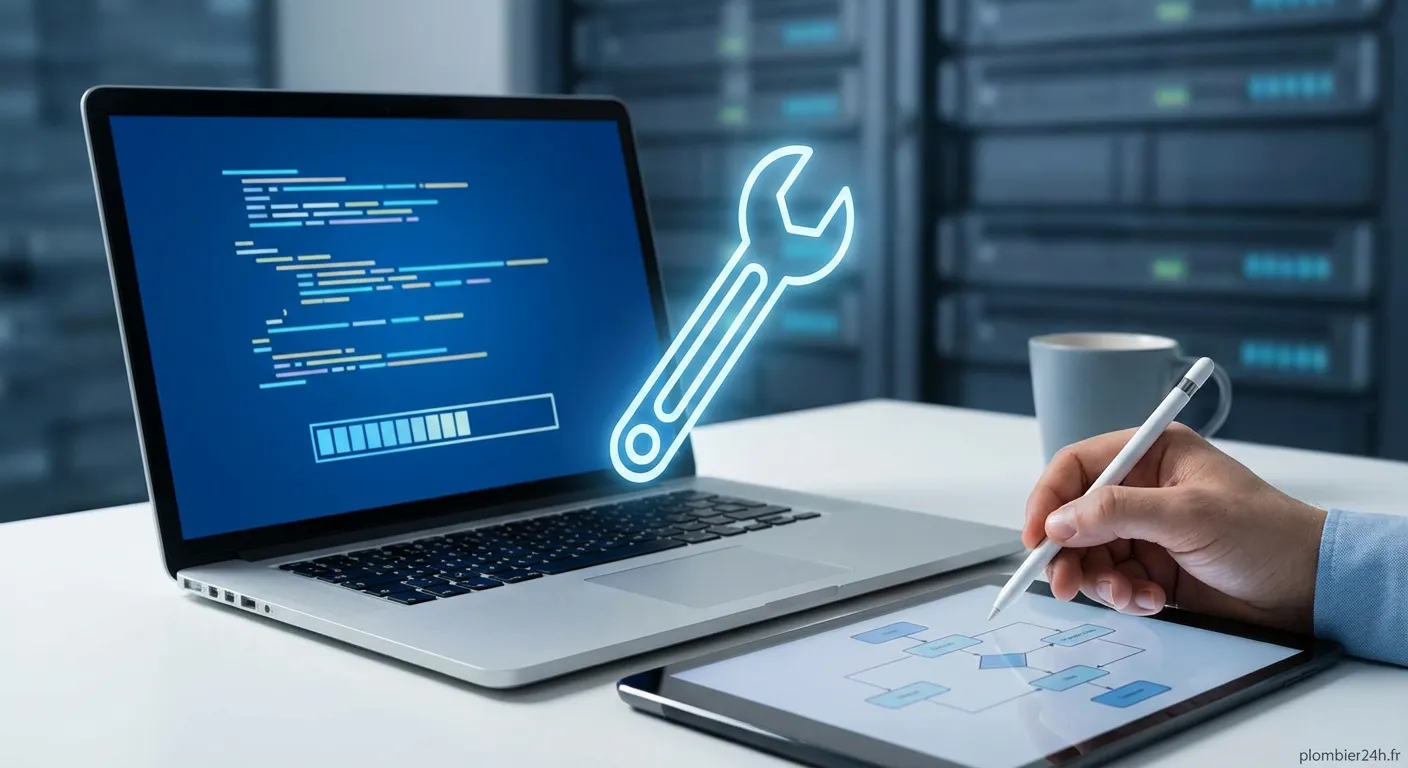 Écran affichant un diagnostic technique lors d'une réparation logiciel gestion