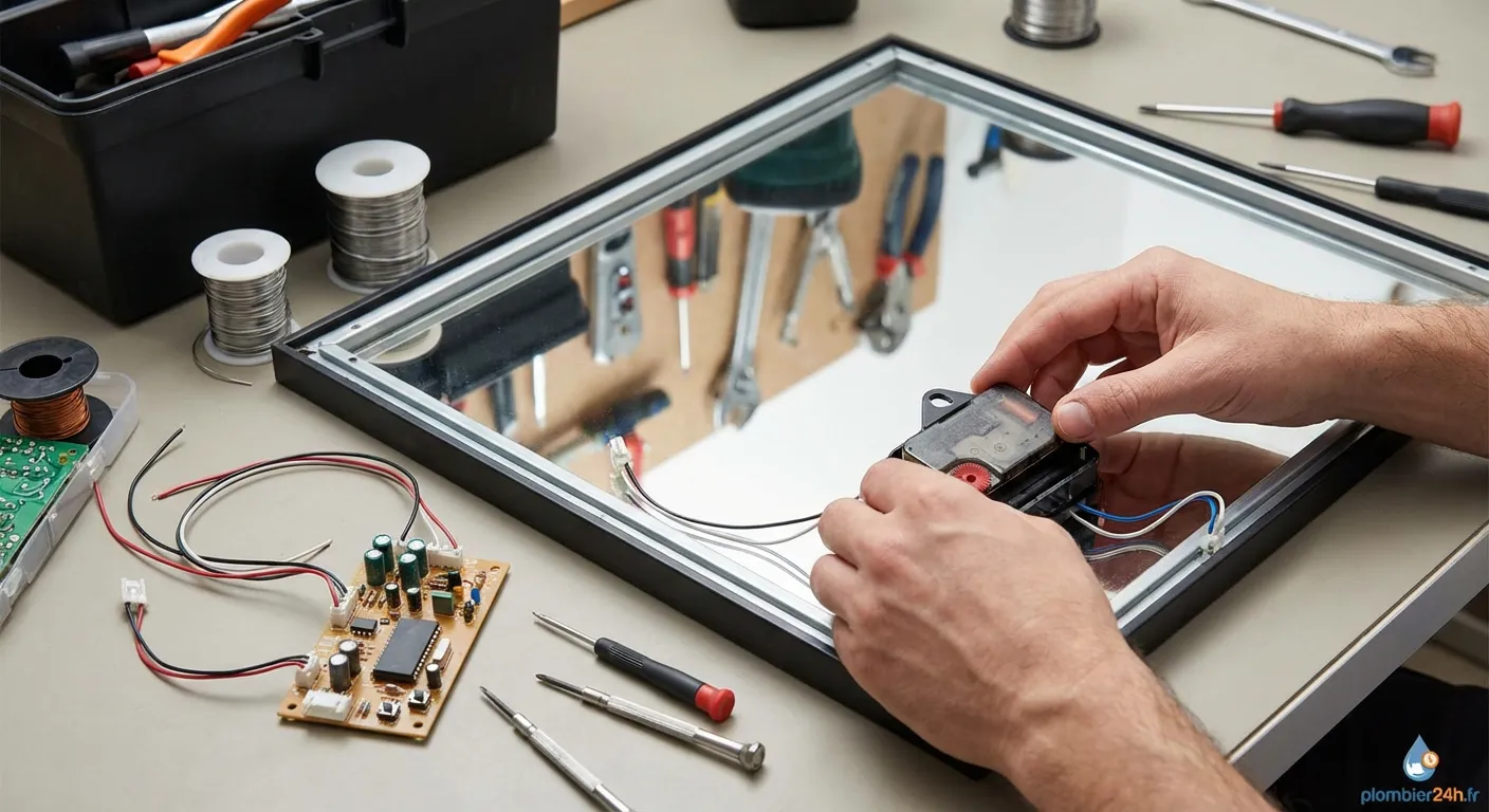 Outils et multimètre pour réparation minuterie miroir salle de bain