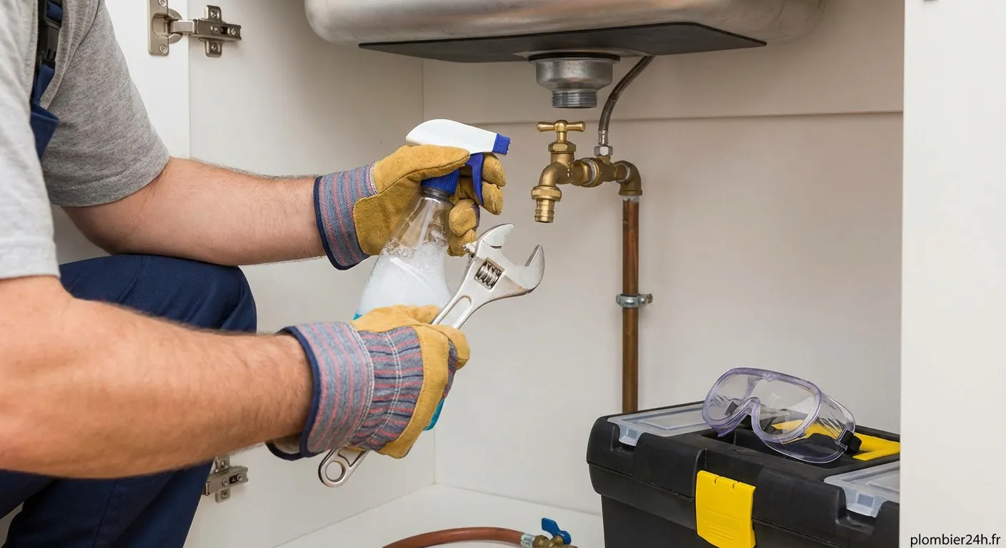 Technicien effectuant une réparation robinet gaz avec une clé à molette