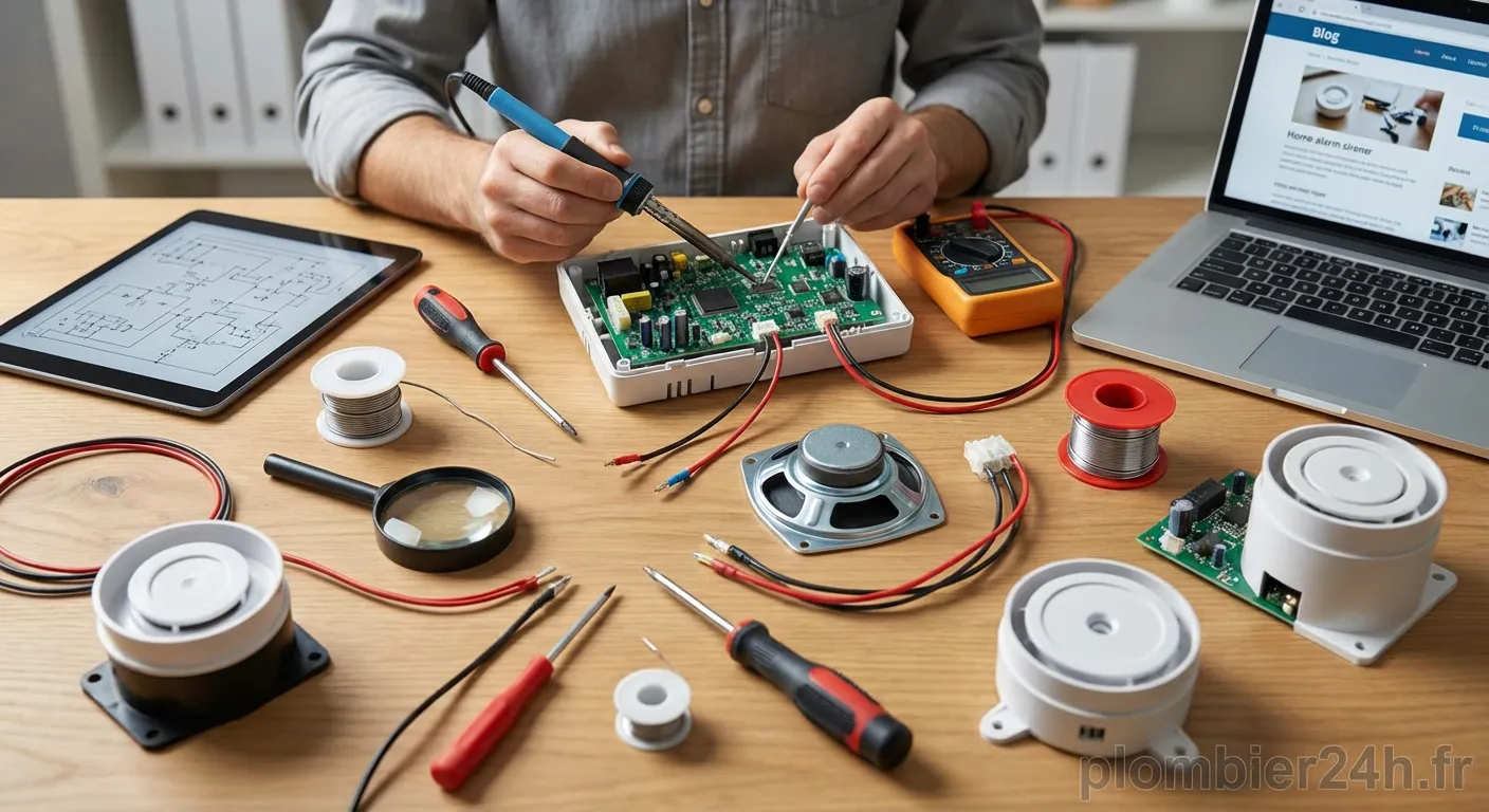 Technicien réparant une sirène d'alarme avec outils professionnels