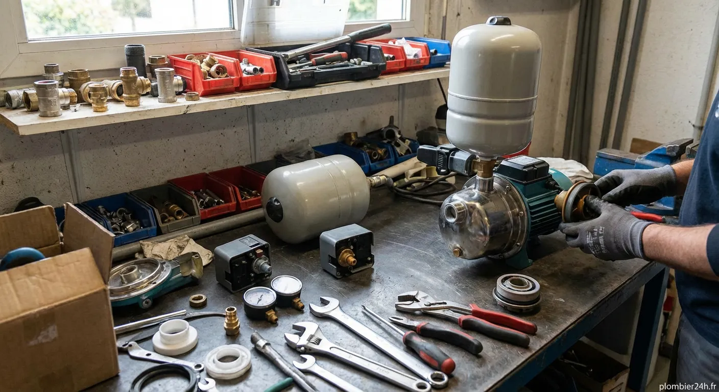 Outils et pièces pour réparation surpresseur eau dans un atelier